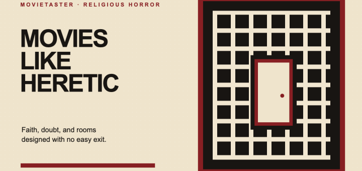 Movies like Heretic represented by a crimson maze and a locked door